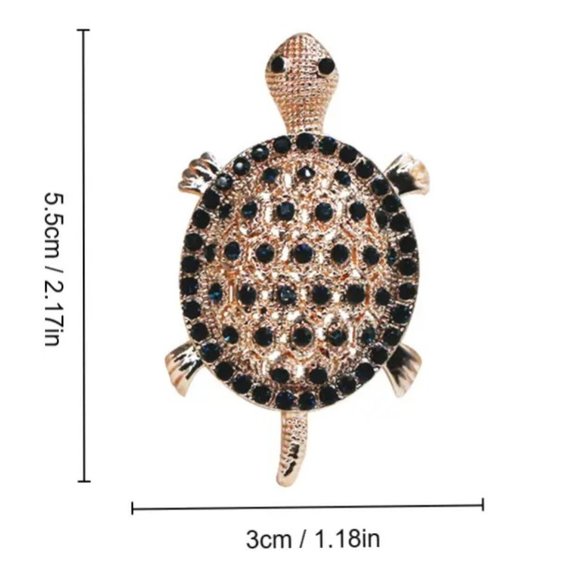 Turtle Brooch Rhinestone Pin Stylish Sea Sparkle Glam Gold Tone Metal Black - Picture 3 of 3